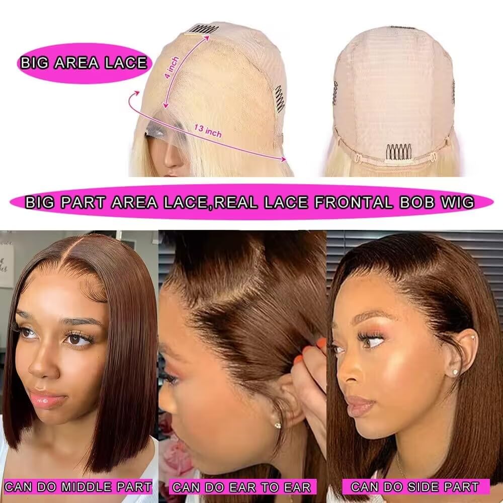 #4 Brown Bob Lace Front Wigs Human Hair Straight HD Transparent Blunt Cut Chocolate Brown Bob Wig Human Hair Wear and Go Glueless Wig Human Hair Pre Plucked Pre Cut Short Bob Wigs For Black Women