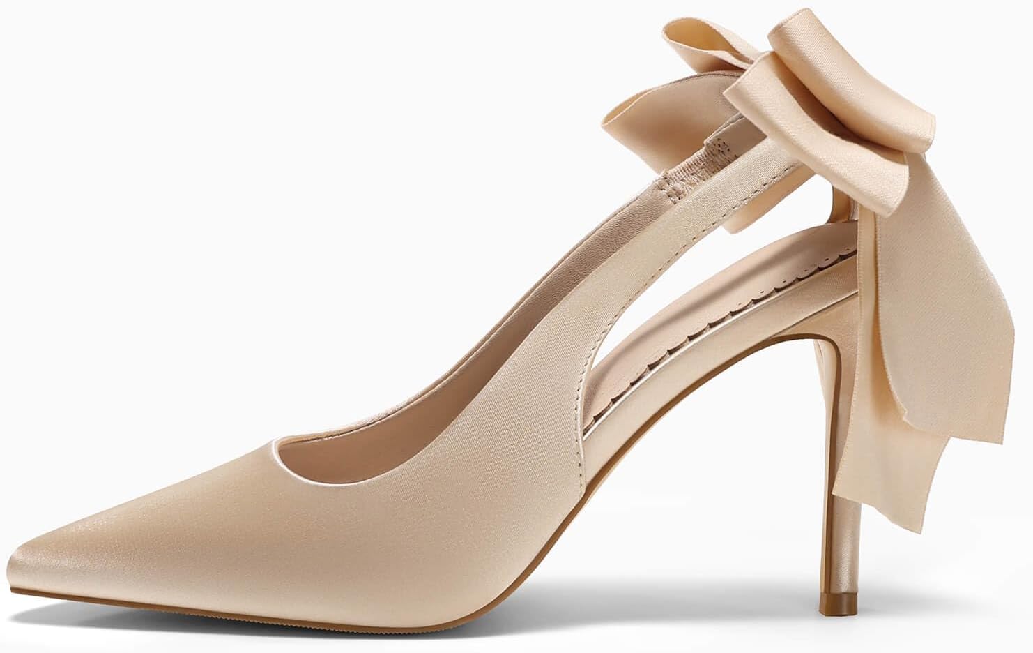 Coutgo Womens Slingback High Heels with Bow Closed Pointed Toe Wedding Bride Dress Shoes Satin Pumps - Image 4