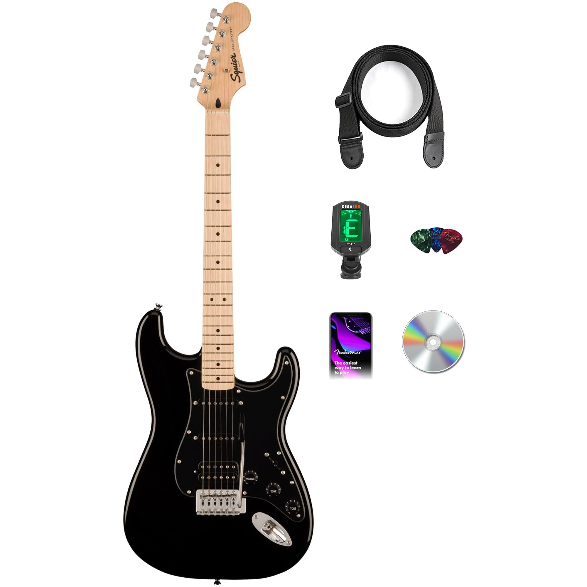 Fender Squier Sonic Stratocaster HSS - Black Bundle with Tuner, Strap, Picks, and Austin Bazaar Guitar DVD