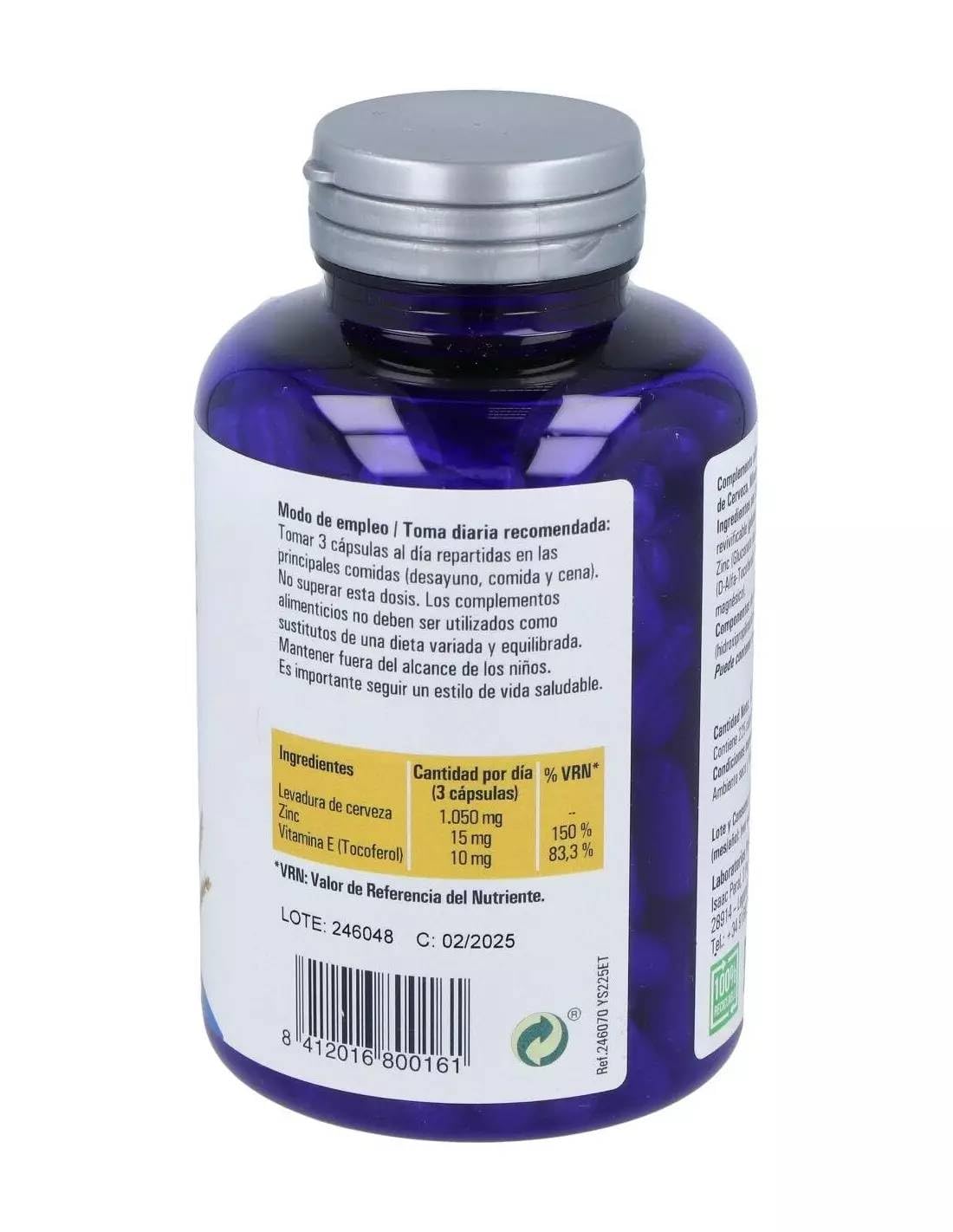 Pack 3 LevaZinc Ynsadiet 225 cápsulas vegetales, 675 cápsulas totales, levadura de cerveza con zinc y vitamina E, complemento para cabello, piel y uñas, formato ahorro.
