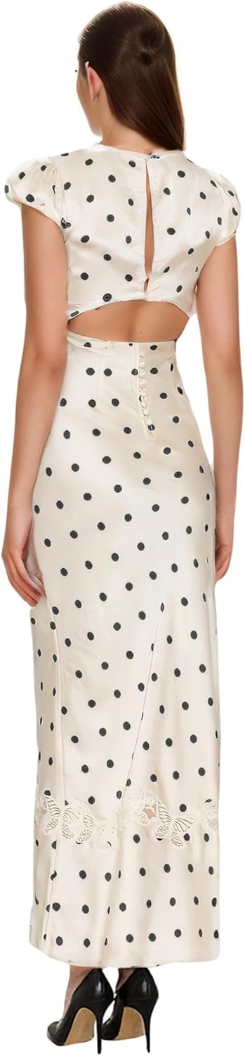 Women Polka Dot Dress Summer Boho Dresses for Women Sexy Lace Patchwork A-Line Maxi Dress with V-Neck Cap Sleeves