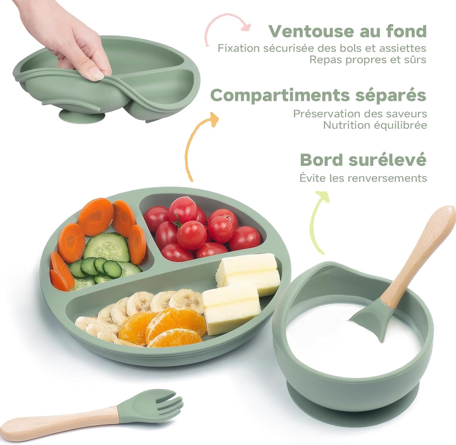 Set Pappa Svezzamento, 8 Pezzi, Piatto Svezzamento Ventosa Ciotola, Bavaglino Silicone, Cucchiaino Forchetta Neonato, Piatti per Bambini, Posate Bambini, Svezzamento Neonati, Verde