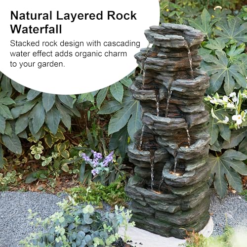 Image of Glitzhome Outdoor Water Fountain, 9-Tiered Rock Floor Fountain with Cascading Water, 39.25 inch H Polyresin Waterfall Fountain with Pump and LED Light Outdoor Water Feature for Garden Yard Patio Porch