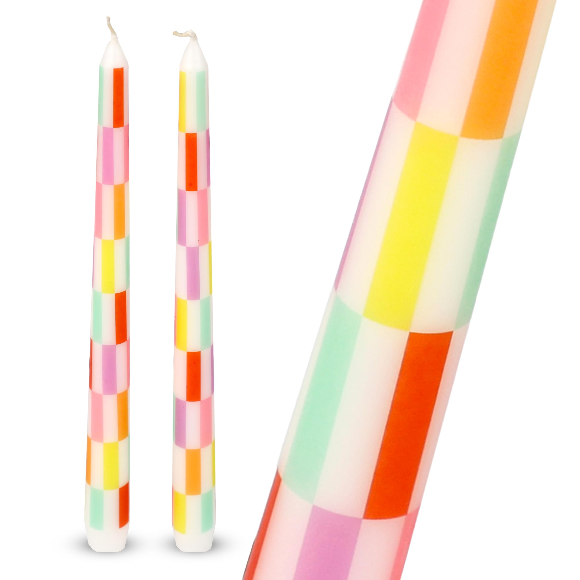 Talking Tables 2 x Colourful Checkered Tapered Tall Dinner Candles Made of Wax Stylish Table Decorations Table Centrepieces Summer Decor Eco Packaging Unscented Burn Time 5 Hours 23cm