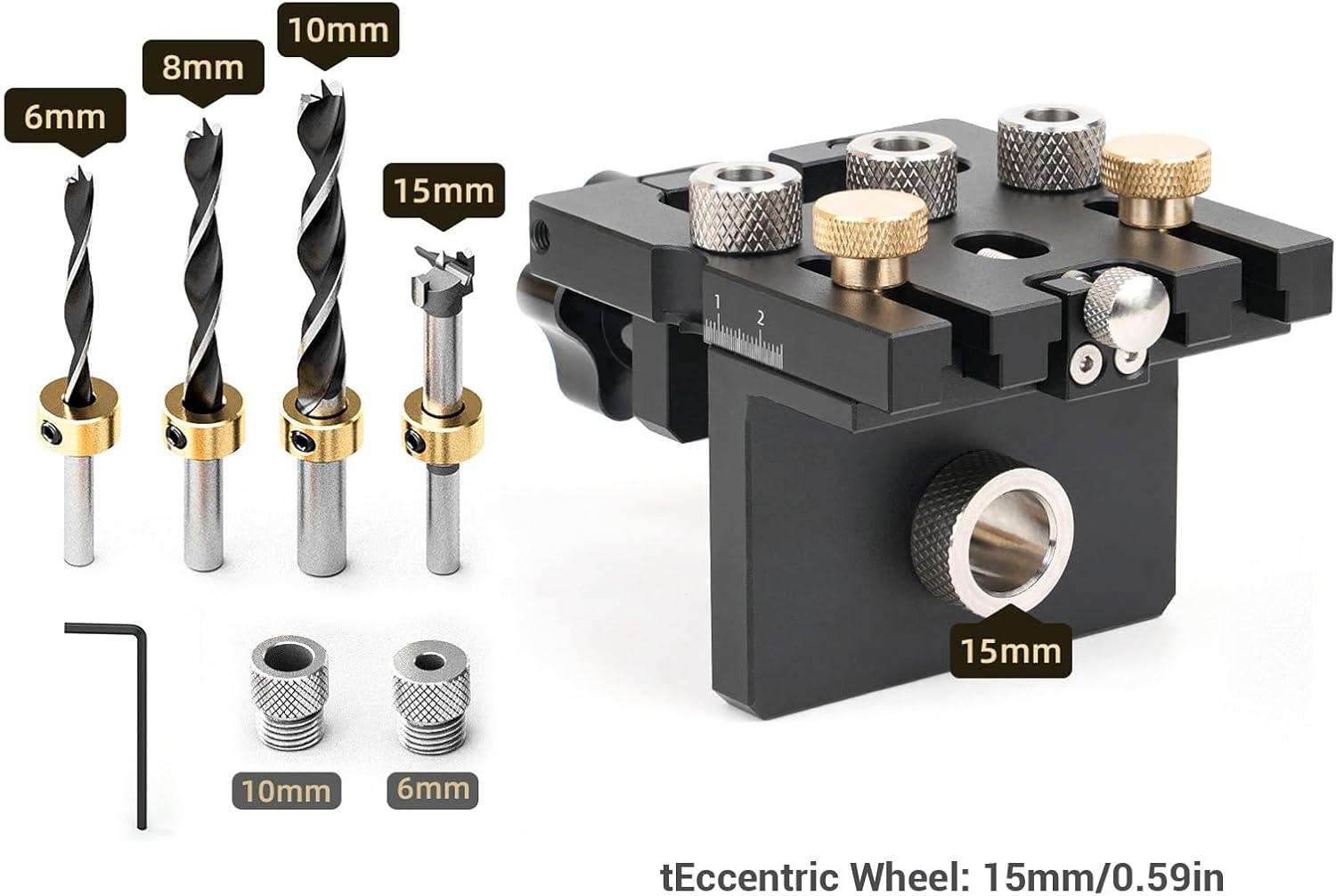 Garosa Woodworking Dowel Drill Guide, Adjustable Self Centering Jig with 6/8/10mm Steel Bushings, Eccentric Wheel for Cabinet Making and Furniture Construction