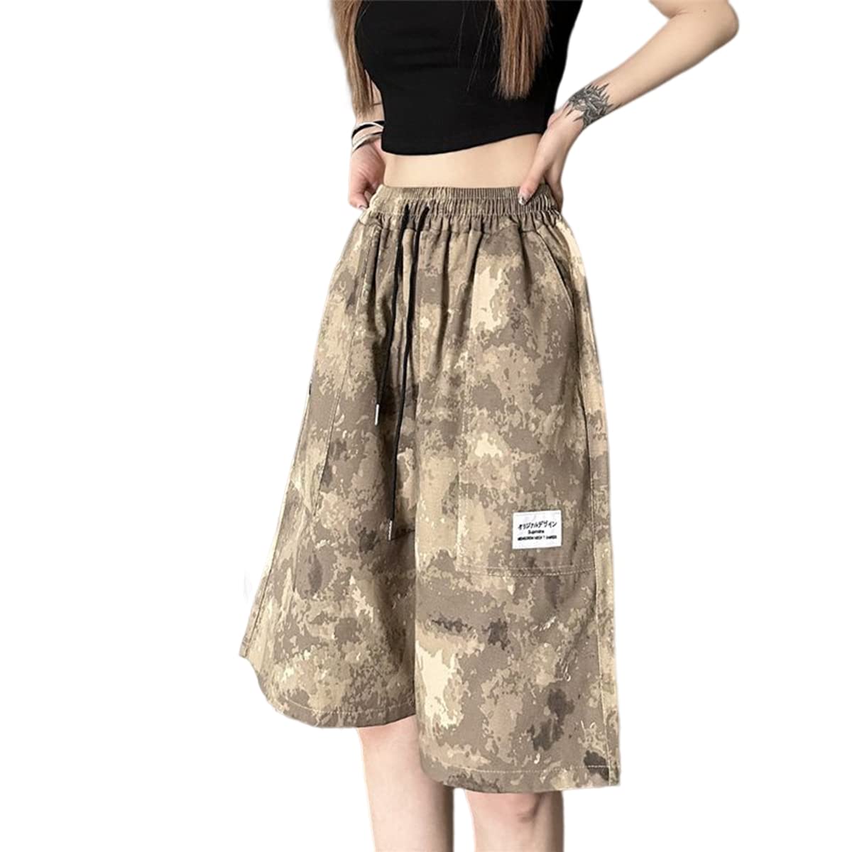 Linsennia Cargo Shorts Damen Camouflage hoch taillierte Y2k Bermuda Shorts mit Taschen Knielang Casual