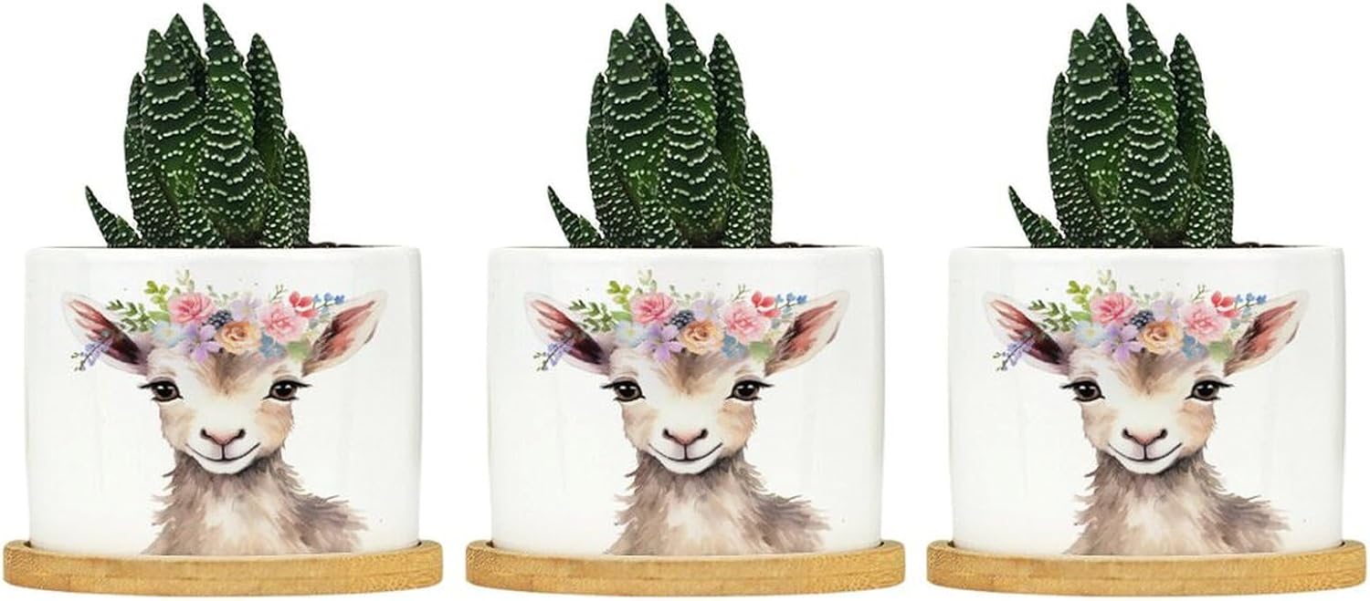 Baby Goat Flower Crown Planter Ceramic Farm Animals House Round Flower Pot with Drainage Holes and Bamboo Tray Pot for Home Desktop Office Windowsill