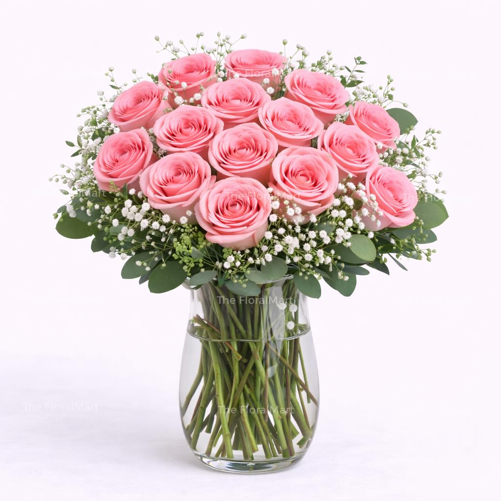The FloralMart Glass Vase Arrangement of 15 Pink Roses Fresh Flowers with Seasonal Fillers, for Birthday Gift, Anniversary Gift, Wedding Gift, Valentines Day Gift, (Same Day Delivery)-image-5