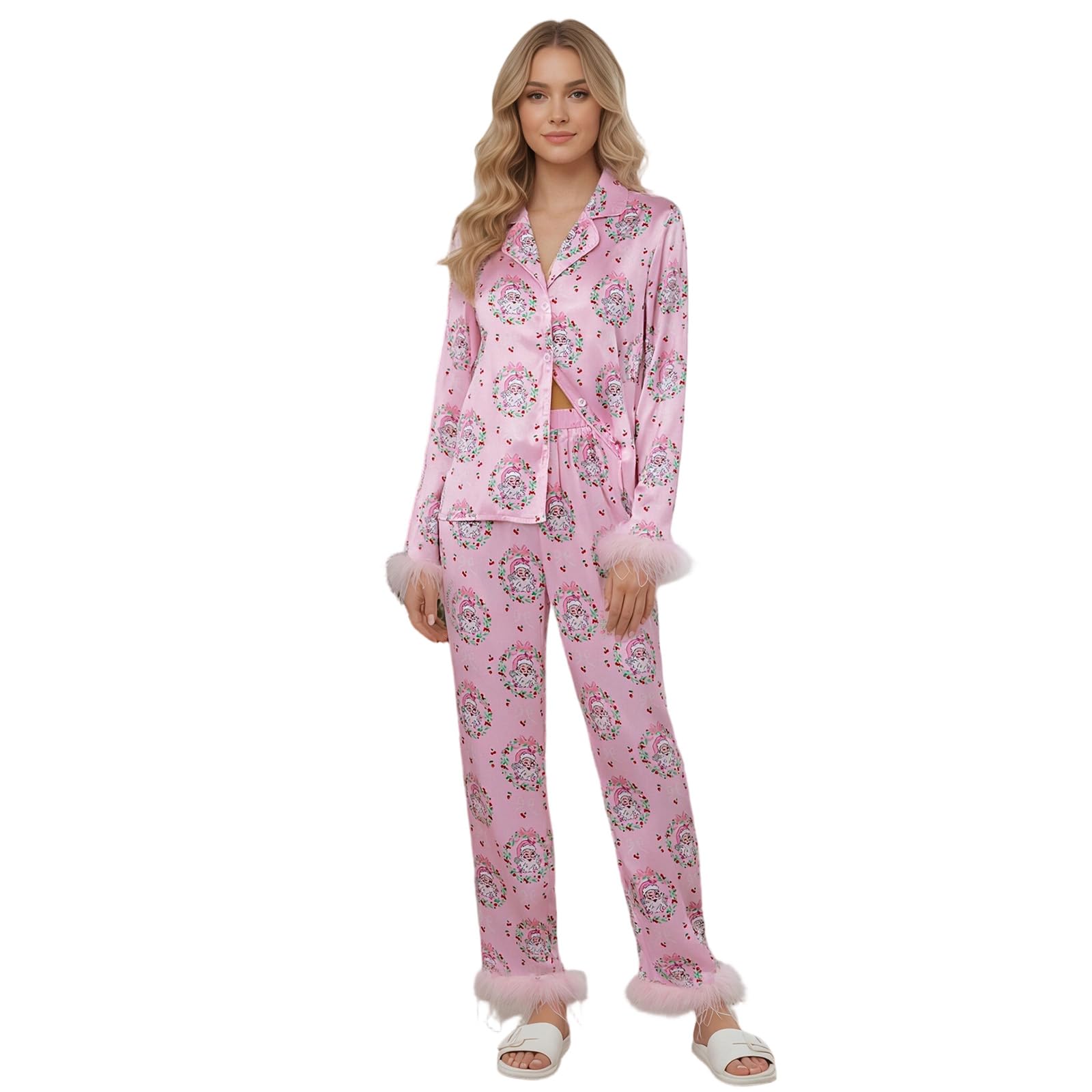 SANSIWU Women Plus Size Christmas Pajama Sets Christmas Tree Printed Long Sleeve Button Down Fur Trim Tops+ Long Pants 2Pcs Holiday Sleepwear (green, S)