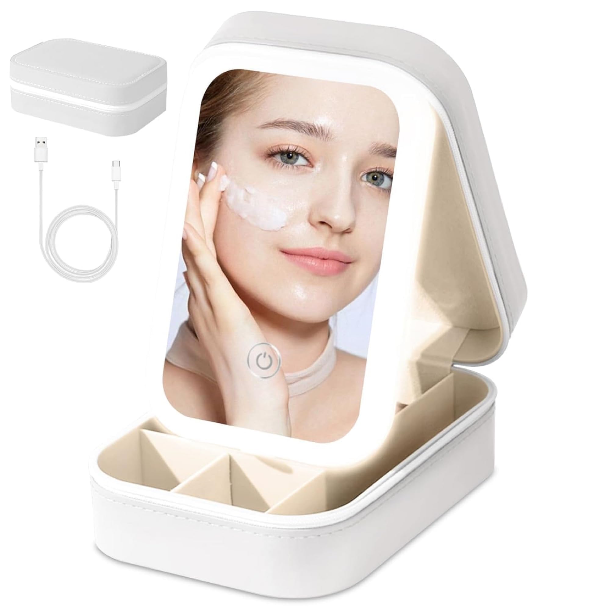 LED Makeup Mirror with Storage Box and 3 Light Modes, Touch Control Folding Cosmetic Mirror with USB Cable-picture-35