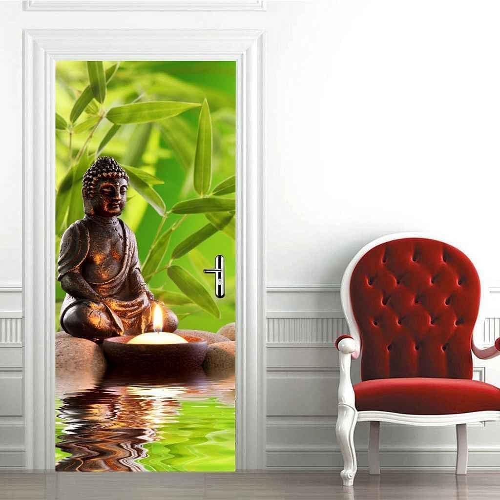 Adesivi per Porte Interne 80x210 Zen Adesivo Porta Foglie di Bambù Verde 3D Pellicola Adesiva Carta Da Parati Soggiorno Bagno Autoadesivo Porta Murale Decorazione M0402