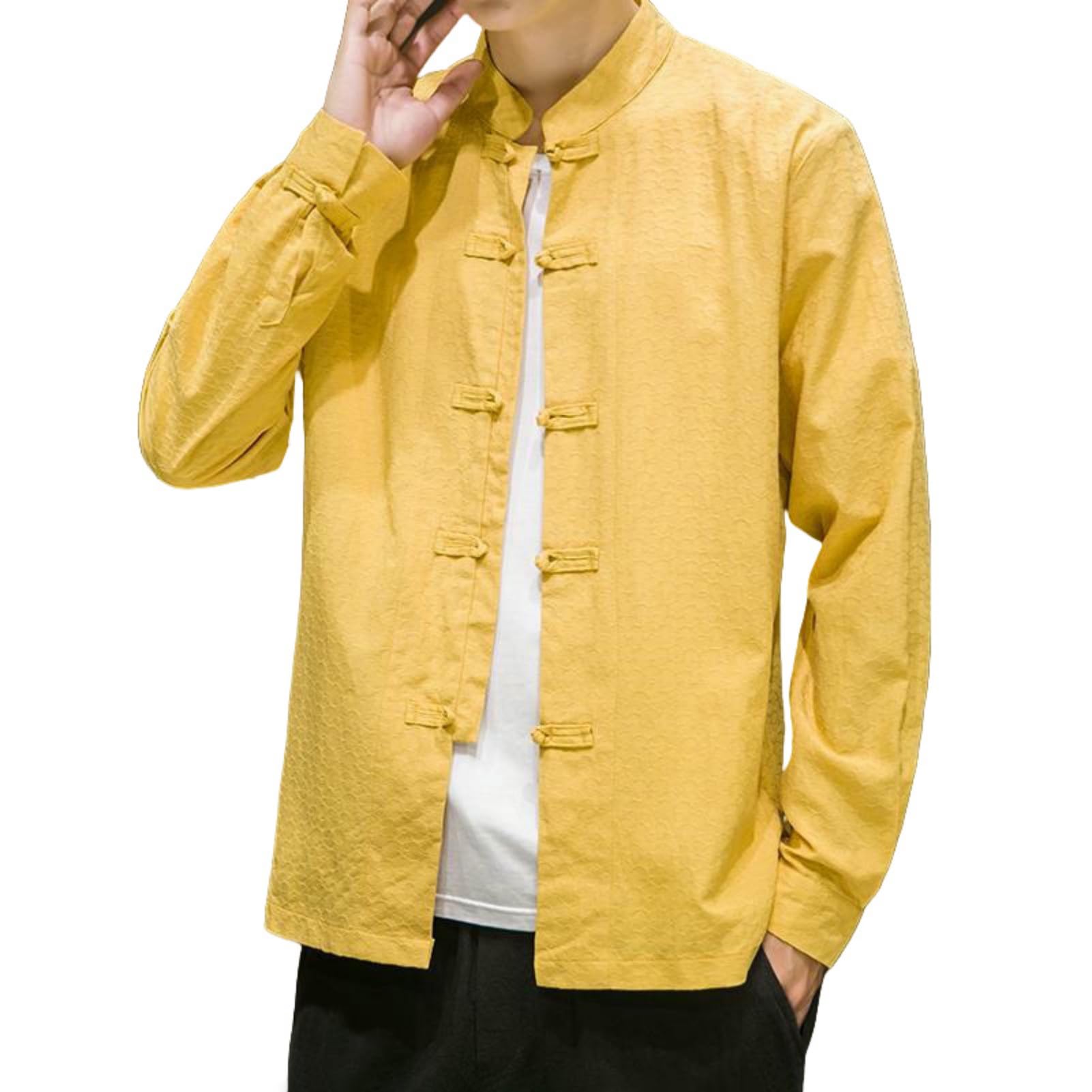 Camicia da uomo in cotone a maniche lunghe jacquard colletto alto stile cinese retrò taglio ampio tempo libero