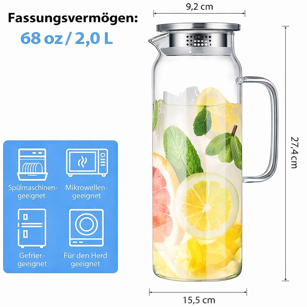 2 caraffa in vetro con coperchio, 2 l, brocca in vetro trasparente per caraffa, brocca borosilicata con manico per acqua calda e fredda, succhi di frutta, latte, tè, caffè e bevande in frigorifero