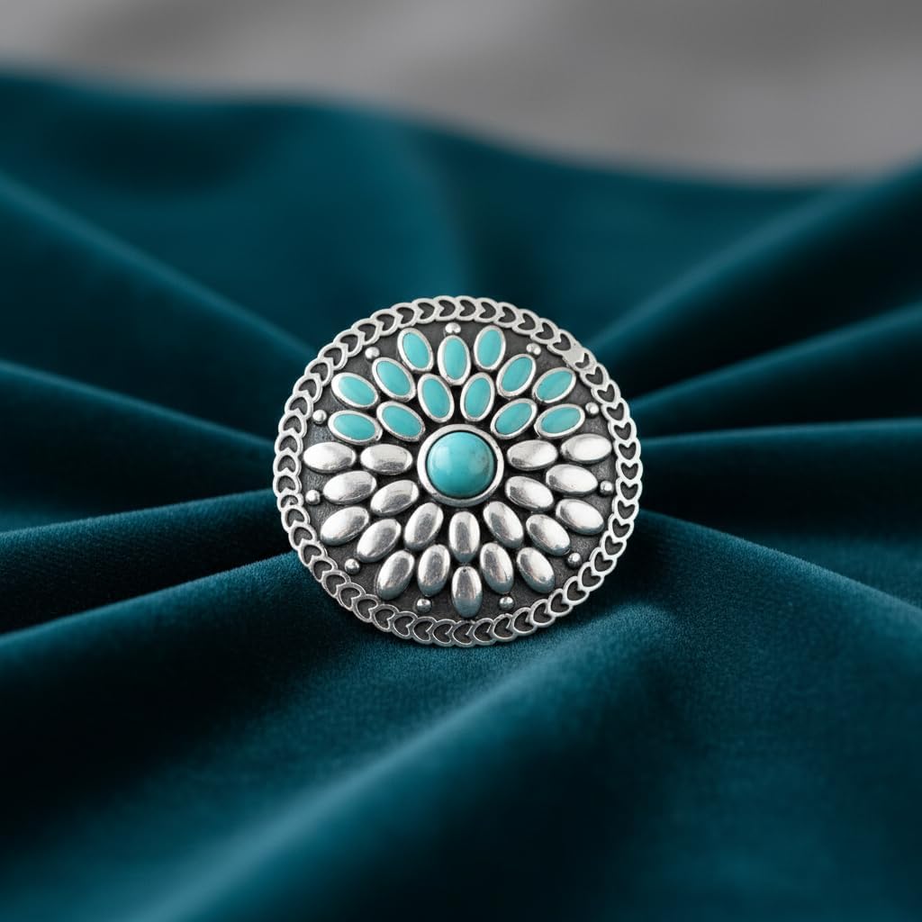 Ring For Women 925 Streling Silver Floral Design Ring With Turquoise Stone And Sky Blue Enamel Fancy Ring For Wedding Party Jewelry