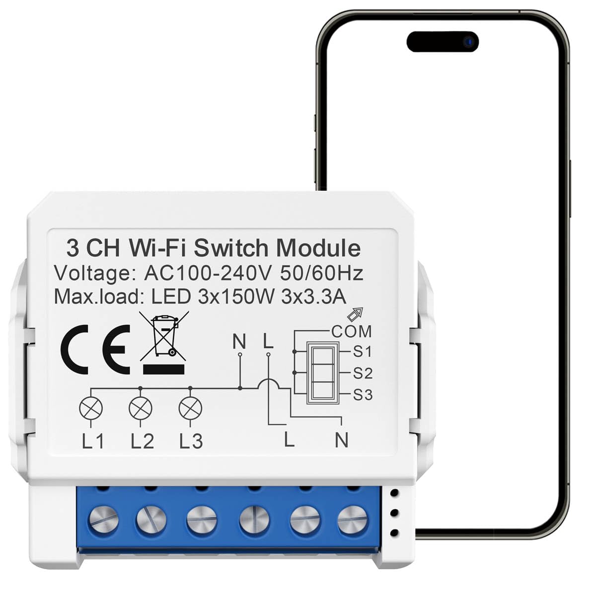 Interruptor inteligente Wi-Fi Mini interruptores inteligentes (3 vías, 3 x 3,3 A, Neutral, para Domótica, compatible con Alexa/Google Home Assistant,