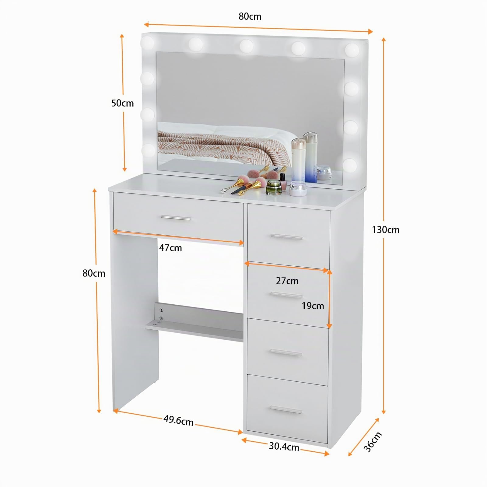 Tavolo da toeletta con illuminazione LED, tavolo da trucco con specchio per il make-up, tavolo da toeletta con specchio, 3 colori con luminosità regolabile - M50