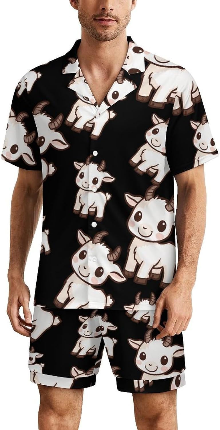 Cute Goat Men's Short Sleeve Pajama Set Satin Silk Like Lounge Sleepwear