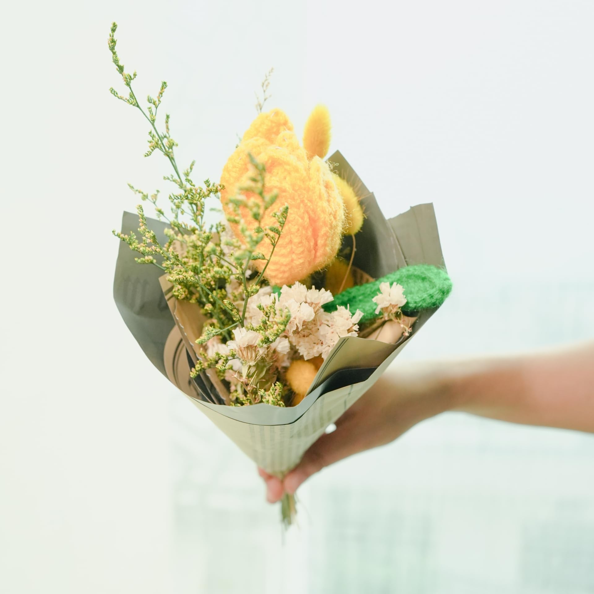Arte Casa Crochet Petal Bunch I Handcrafted Mixed Flower Bouquet with Woolen Yellow Rose, Dried Florals & Green Fillers – Ideal for Home Decor, Gifting, Anniversaries, Birthdays & DIY Floral Crafts-image-7