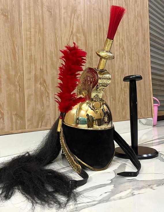 Handcrafted Brass Napoleon Helmet, French Empire Cavalry Casque with Red Plume, Black Leather and Hair, Gold Finish, Adult Size Wearable with Wooden Stand