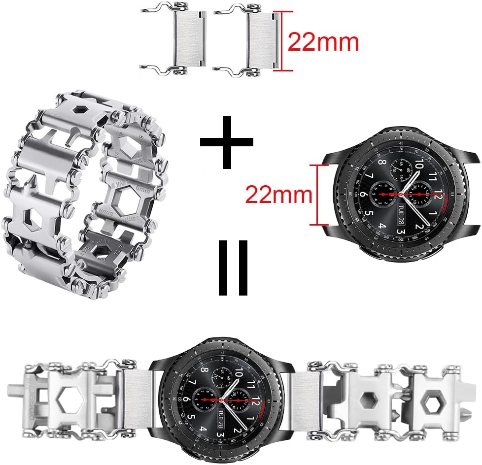Stainless Tool Bracelet for Men Compatible for LEATHERMAN TREAD and Watch Band 29 in 1 Survival Hiking Camping Travel Friendly Multitools Wearable Bracelet 22mm connector（Silver）