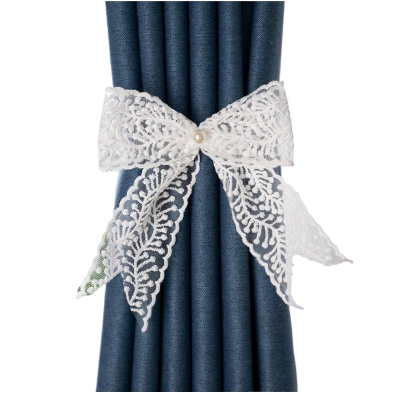 Vakorise One Color Curtain Ties, Lace Bow Embroidery Tiebacks 2 Pack For Drapes, Wedding Venue Curtain Holdbacks