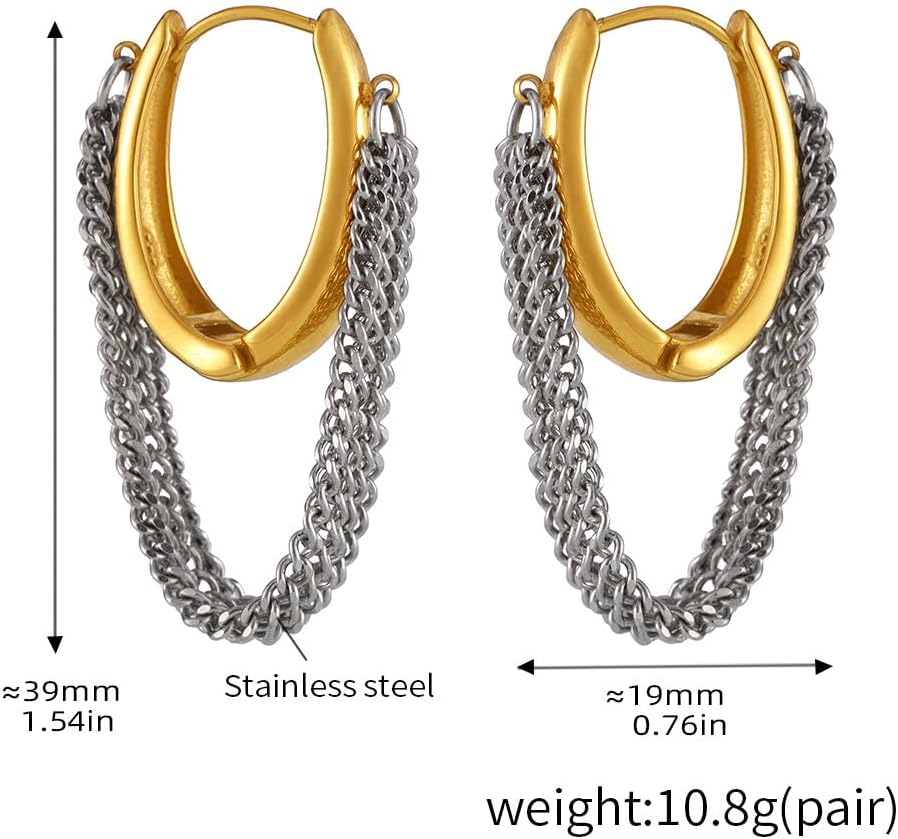 Chain Tassel Round Dangle Hoop Earrings for Women Stainless Steel Huggie Hoops Earrings Geometric Thick Chains Dangling Charm Hinged Earrings Jewelry - Image 6
