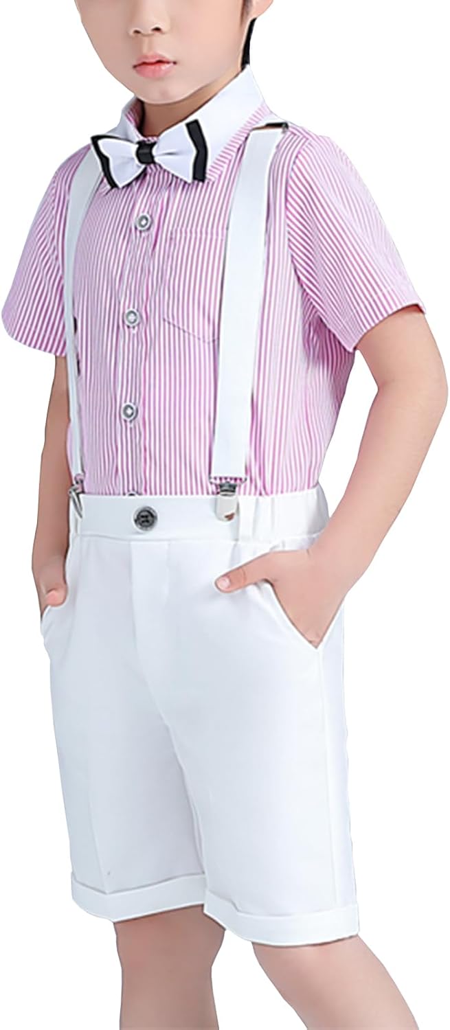 Baby Boy Gentleman Outfits Suits, Short Sleeve Dress Shirt+Bow Tie+Suspender Shorts Summer Wedding Outfits