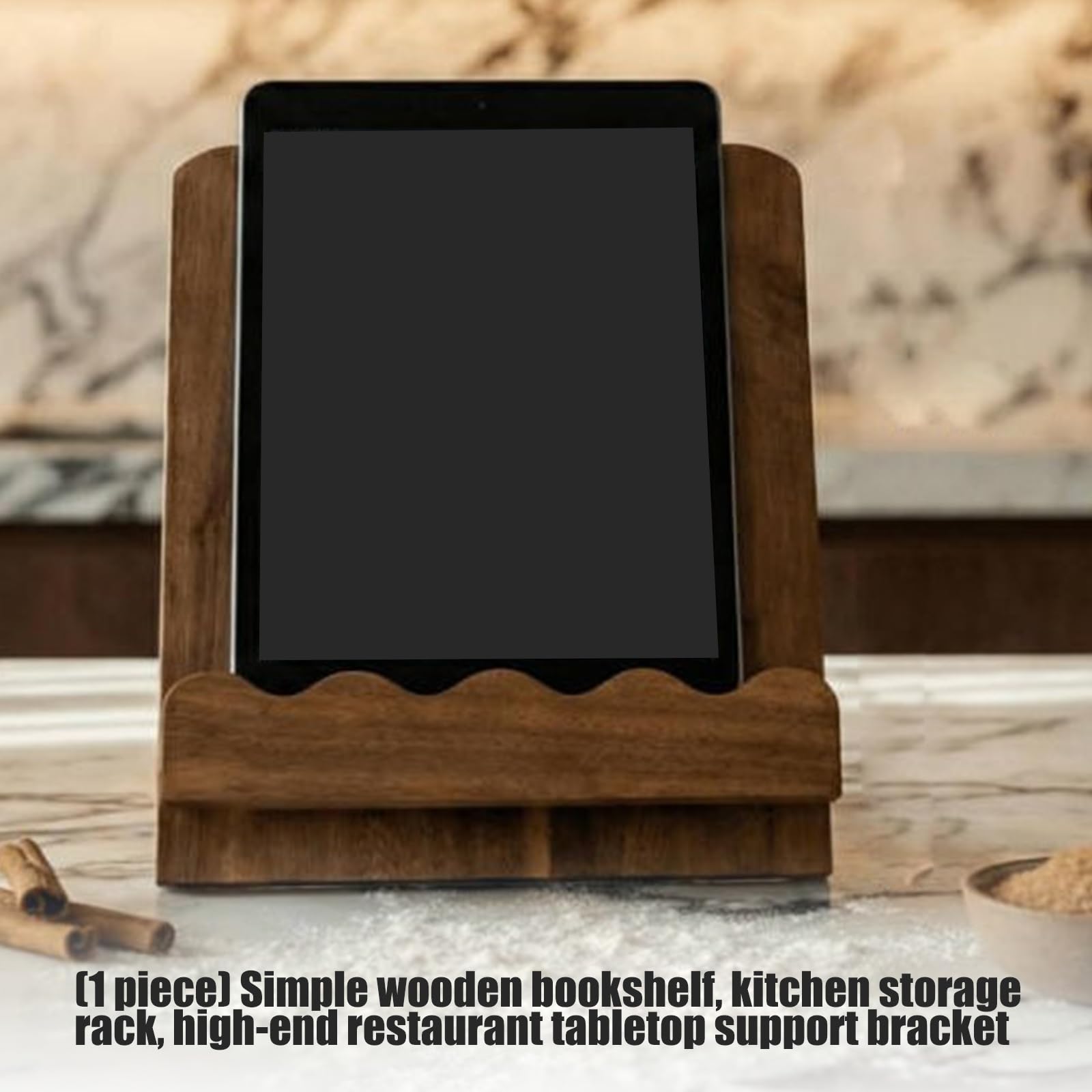 Soporte para libros de escritorio con detalle frontal redondeado, panel de lectura de madera, soporte de labios estable, visualización de recetas abiertas para espacio de trabajo de cocina, área de de