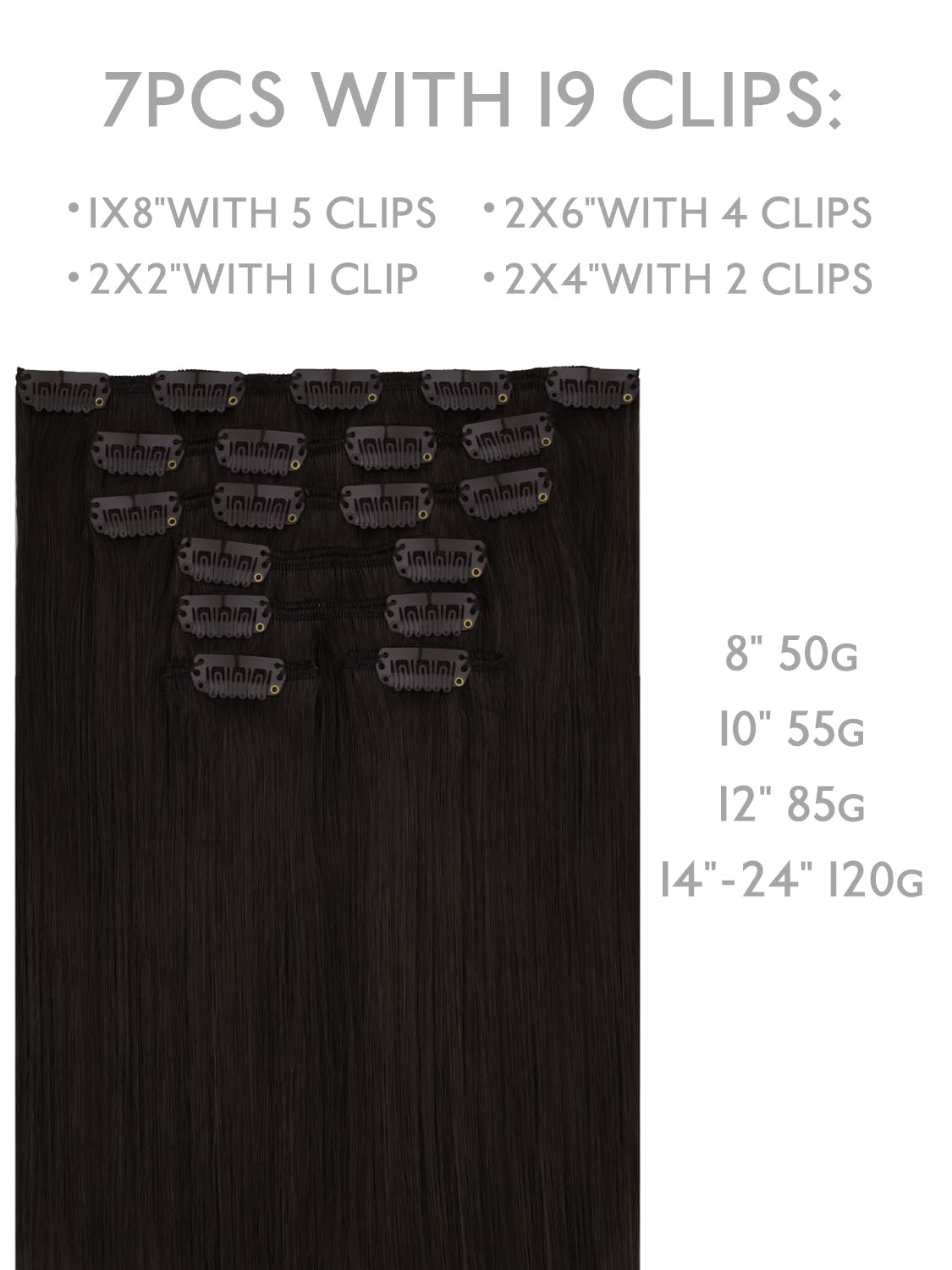 WENNALIFE Clip-In Real Hair Extensions, Real Hair in Remy Hair Extensions, Clip-In Natural, 50 g, 7 Pieces, 20 cm, #2 Dark Brown 20cm-50g #2 Dark Brown