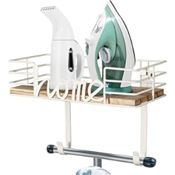 Planchas Decorativas 3D TJ.MOREE Soporte de pared para tabla de planchar, decoración de lavandería, soporte de pared de metal con cesta de base de madera de almacenamiento grande y ganchos extraíbles (blanco)