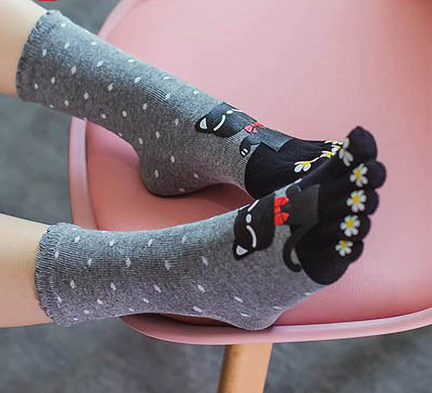 IXITON Women's Toe Socks Five Fingers Socks Cute animal pattern socks Funny cartoon Sports Toe socks,gray-cat