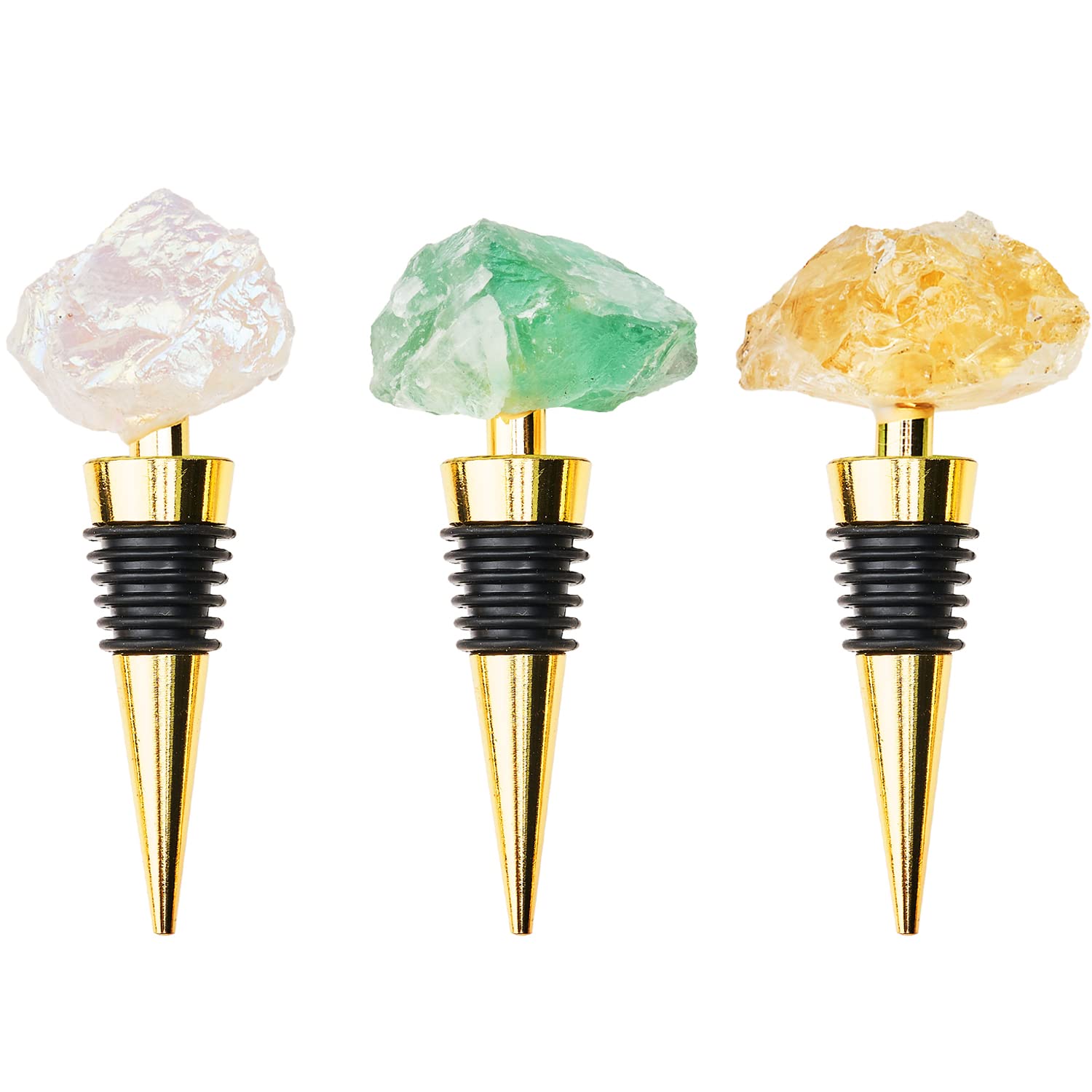 Yougoals Crystal Wine Stoppers Set of 3, Natural Gemstone Wine Stoppers for Wine Bottles, Decorative Wine Bottle Stoppers with Gift Box for Wedding, Party (3pcs Crystal)