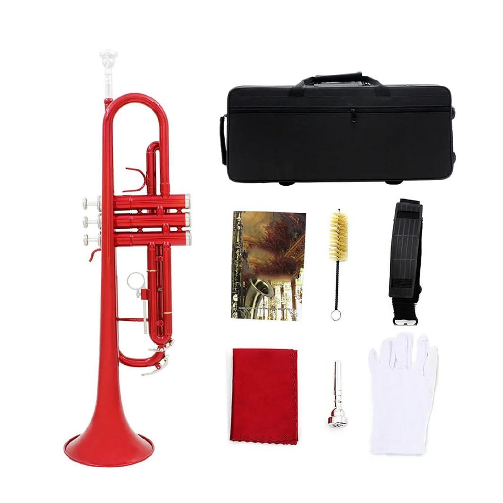 trąbka instrument Zestaw czerwonej trąbki z akcesoriami + ustnik pudełkowy Bb z płaskim rogiem, wykwintna trąbka do instrumentów dętych blaszanych