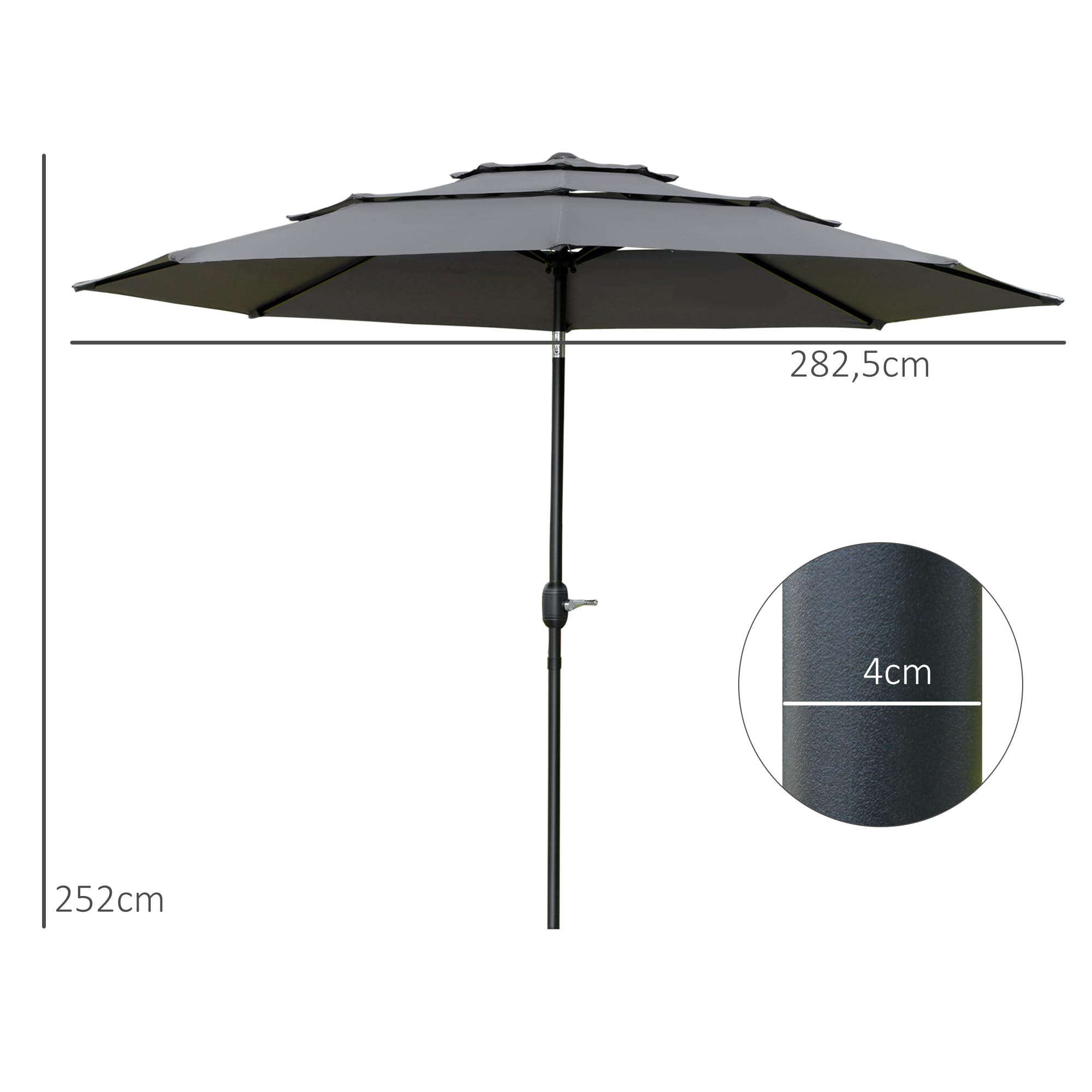 Outsunny Parasol de jardin extérieur parasol inclinable rond Ø 2,85 x 2,5 m avec ouverture fermeture manivelle, 2 évents, toile 180 g/m² protection Anti-UV, parasol pour balcon, terrasse, gris