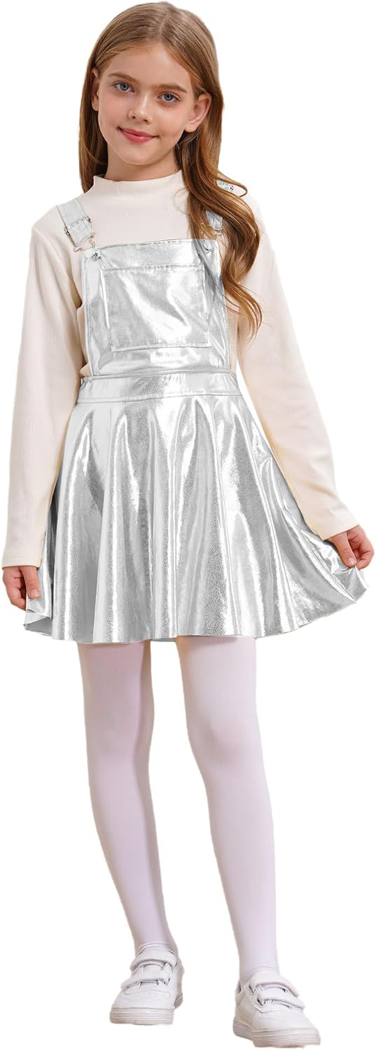 Agoky Kids Girls Shiny Overall Dress Metallic Adjustable Suspender Skater Skirt Stretchy A-Line Pleated Jumper