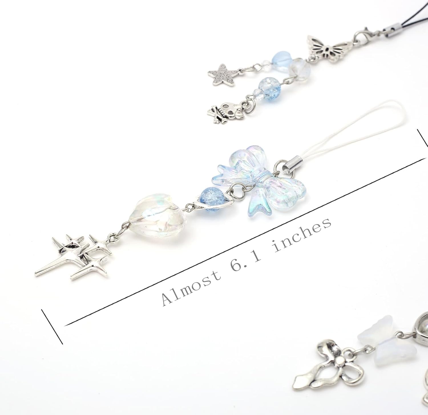 4PCS Blue-phone Charm Y2K Phone Accessories Aesthetic Keychain Star Flower Cute Decor String Cellphone Chain Pendant Strap Lanyard Butterfly Crystal Ribbon Bead - Image 2