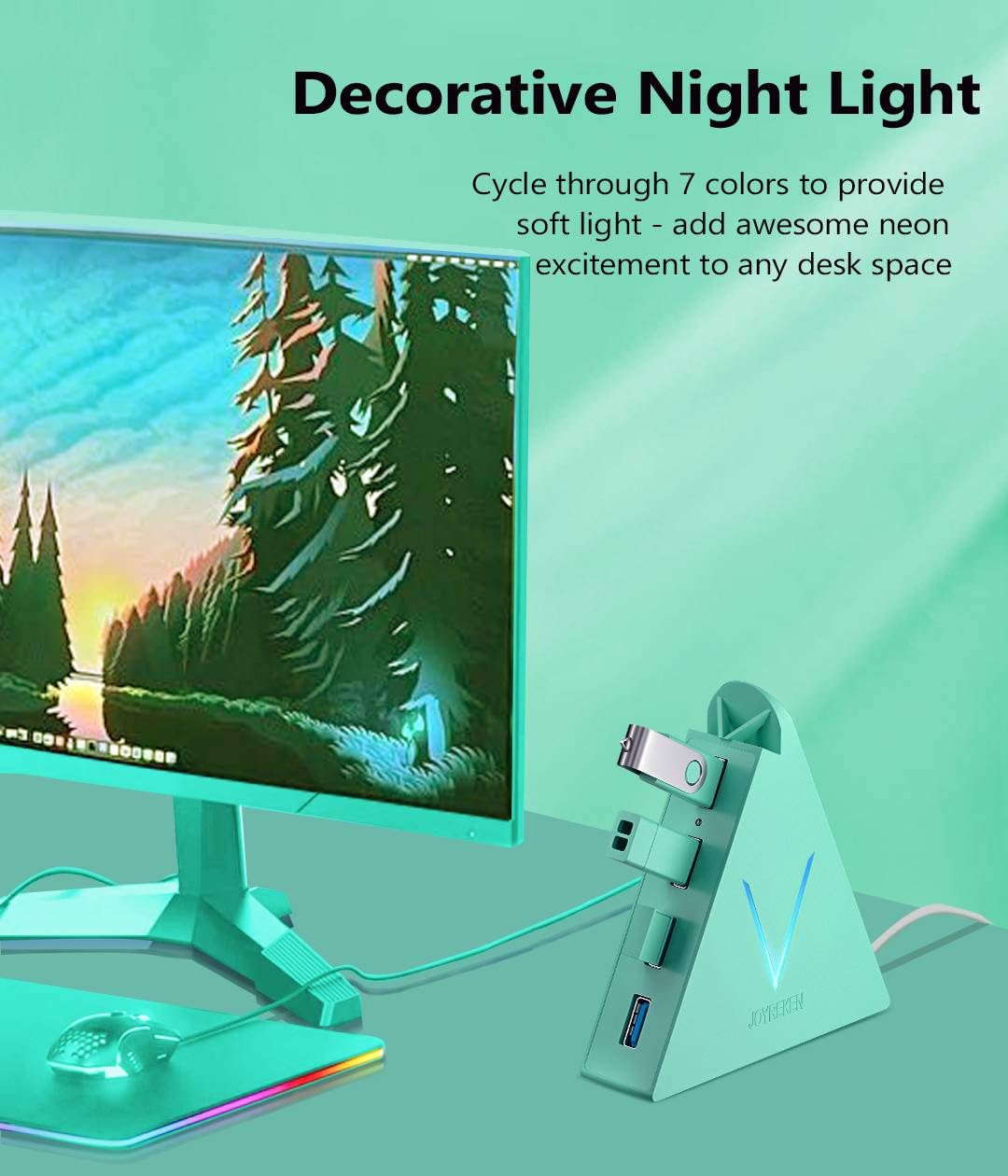 JoyReken USB 3.0 Hub,4 Port USB Hub Tower,2ft Cable USB Splitter for PC, Xbox One, PS4, PS5, iMac, Surface Pro, XPS, Laptop, Desktop, Flash Drive, Mobile HDD (Green): 2ft Green USB A Hub