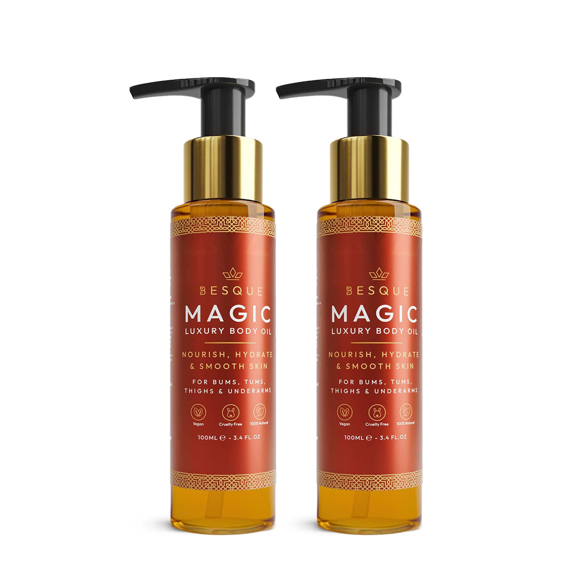 Besque Magic Body Oil, 100ml, Plumps, Tightens, Firms and Hydrates Skin, For Arms, Chest, Thighs and Tums, Suitable for Full Body Use - Pack of 2