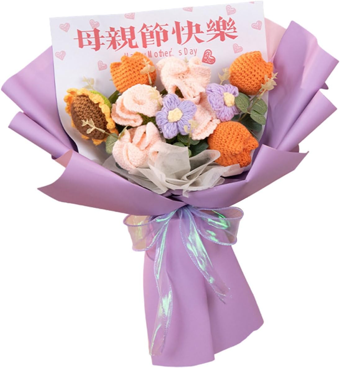 かぎ針編みの花の花束 LED ストリングライトとギフトバッグ付きニットカーネーションの花クリスマス母の日卒業ギフト