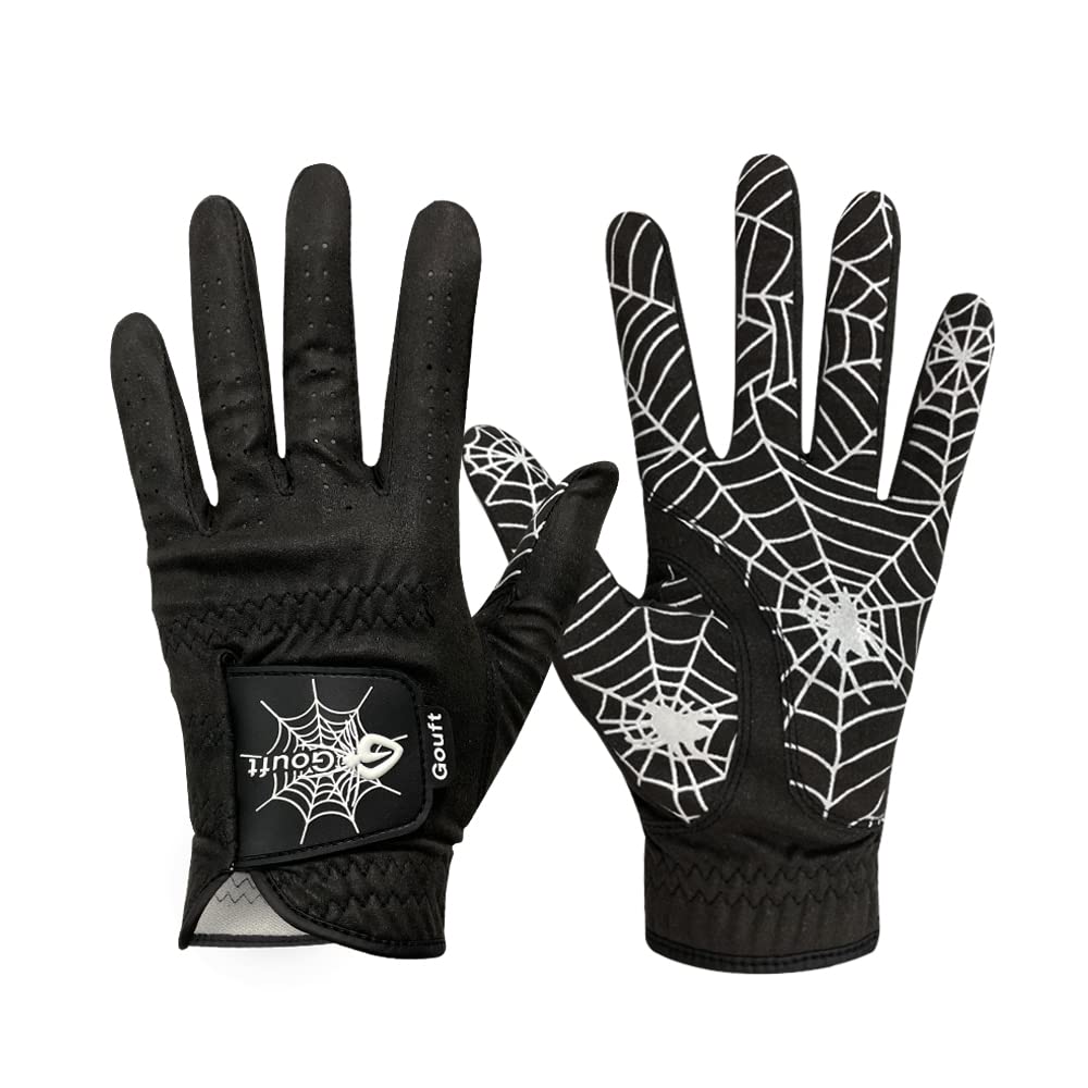 GOuft Spiderweb-Design Golf Glove Black Edition (for Men & Women) - Durable Suede: All Weather Golf Glove, Good Grip, Feel Soft/Comfort, and Long Lasting: Washable Glove (White/Black, 24, Left-Hand)