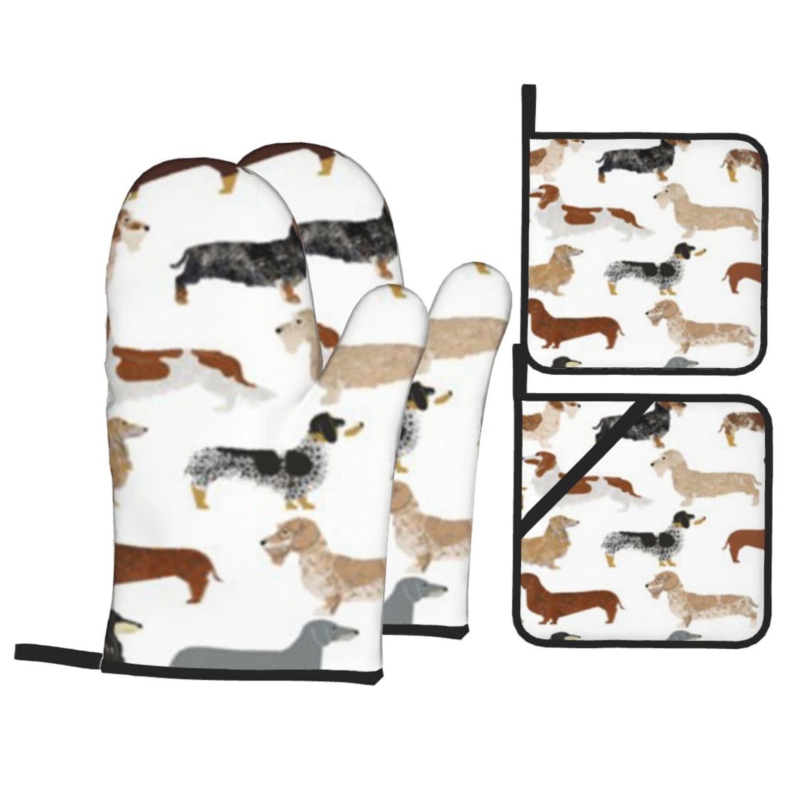 Oven Mitts And Pot Holders Sets, Kitchen Oven Glove and Potholder 4 Pcs For Baking Bbq,Smooth Wire Haired Long Haired Dachshunds Dogs Pets