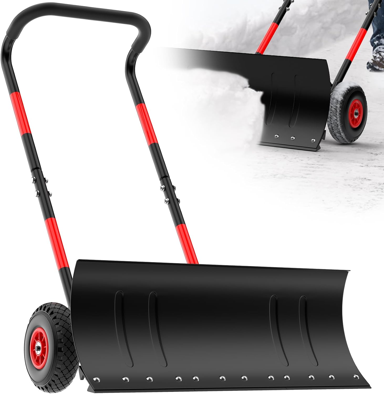 Snow Shovel with Wheels,Heavy Duty Steel Snow Shovel Pusher for Driveways,Sidewalks,Adjustable Handle and Angle Blade Push Plow