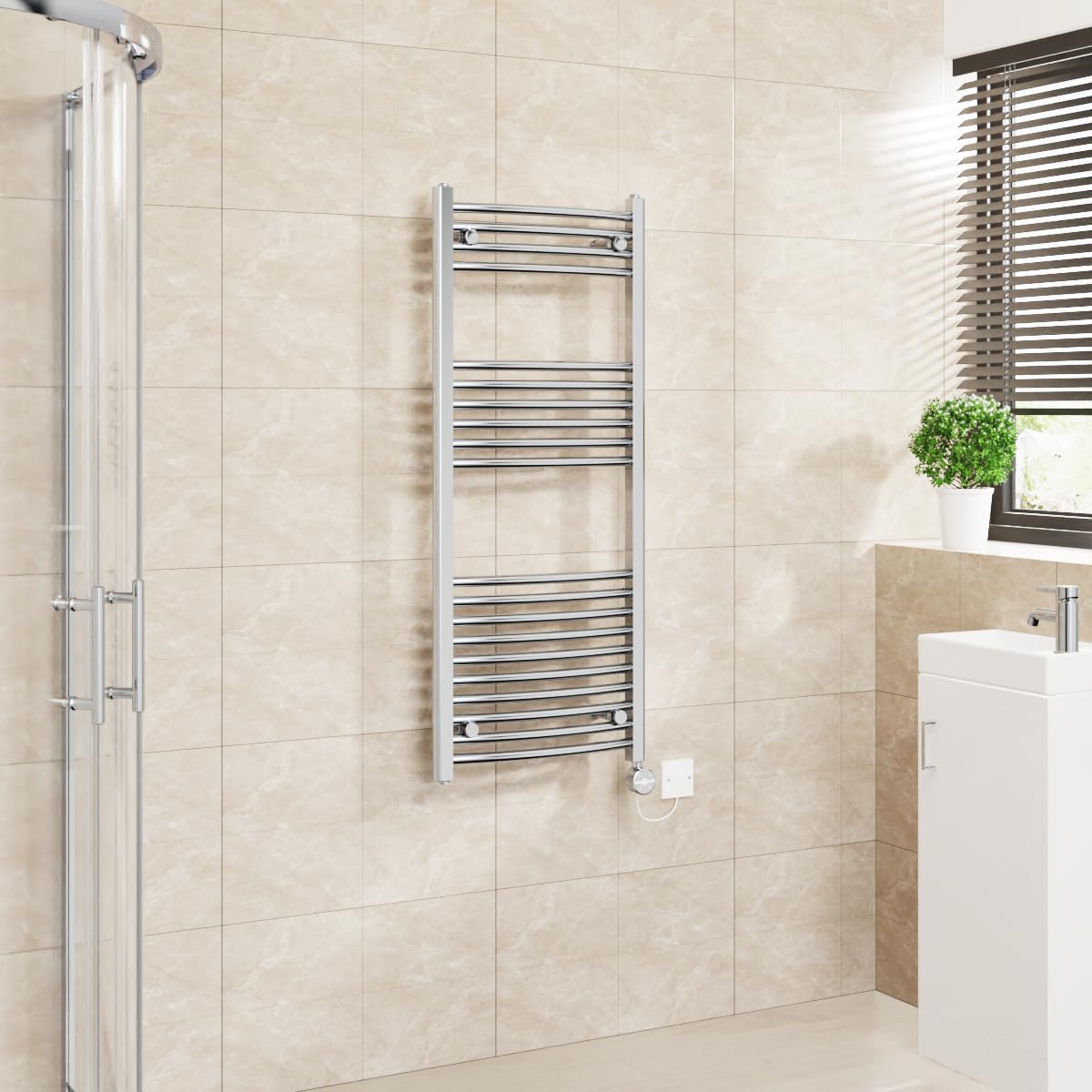 Warmehaus Touch Screen Electric Towel Rail Curved Timer Chrome 1200x500mm