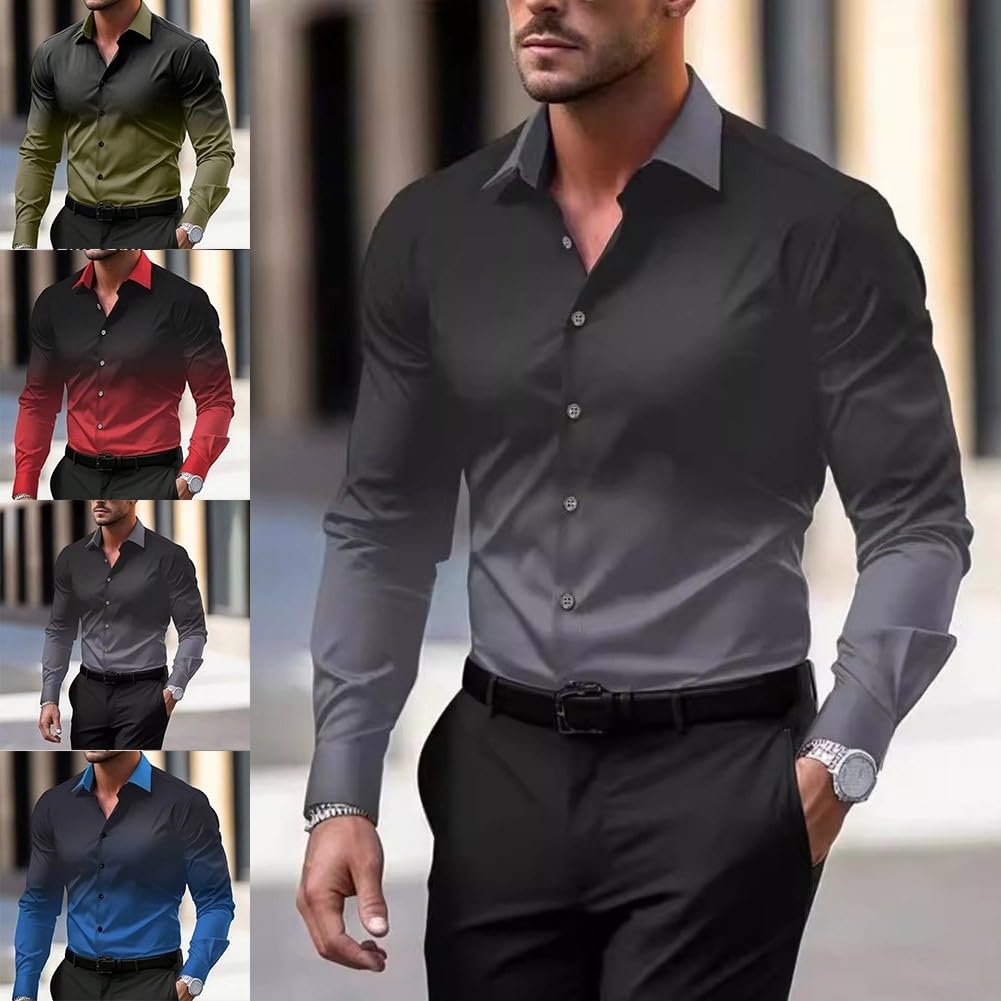 Camicia da uomo casual da lavoro con maniche lunghe e stampa 3D stile sfumato (3XL rosso)