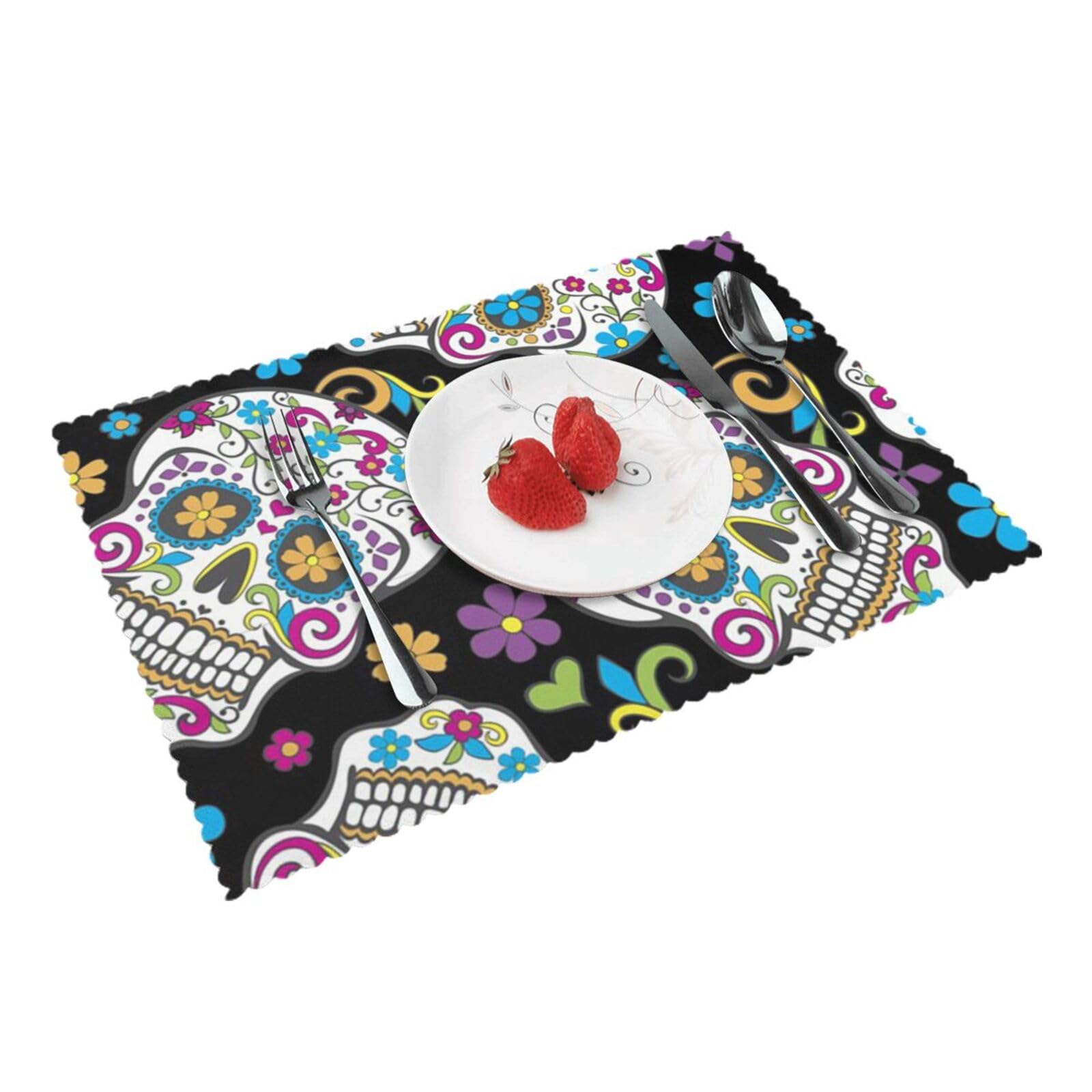 Sugar skull with flowers Printed Placemats Set of 4 PCS Washable Placemat for Kitchen Table Heat-resistant Table Mats 45x30 CM