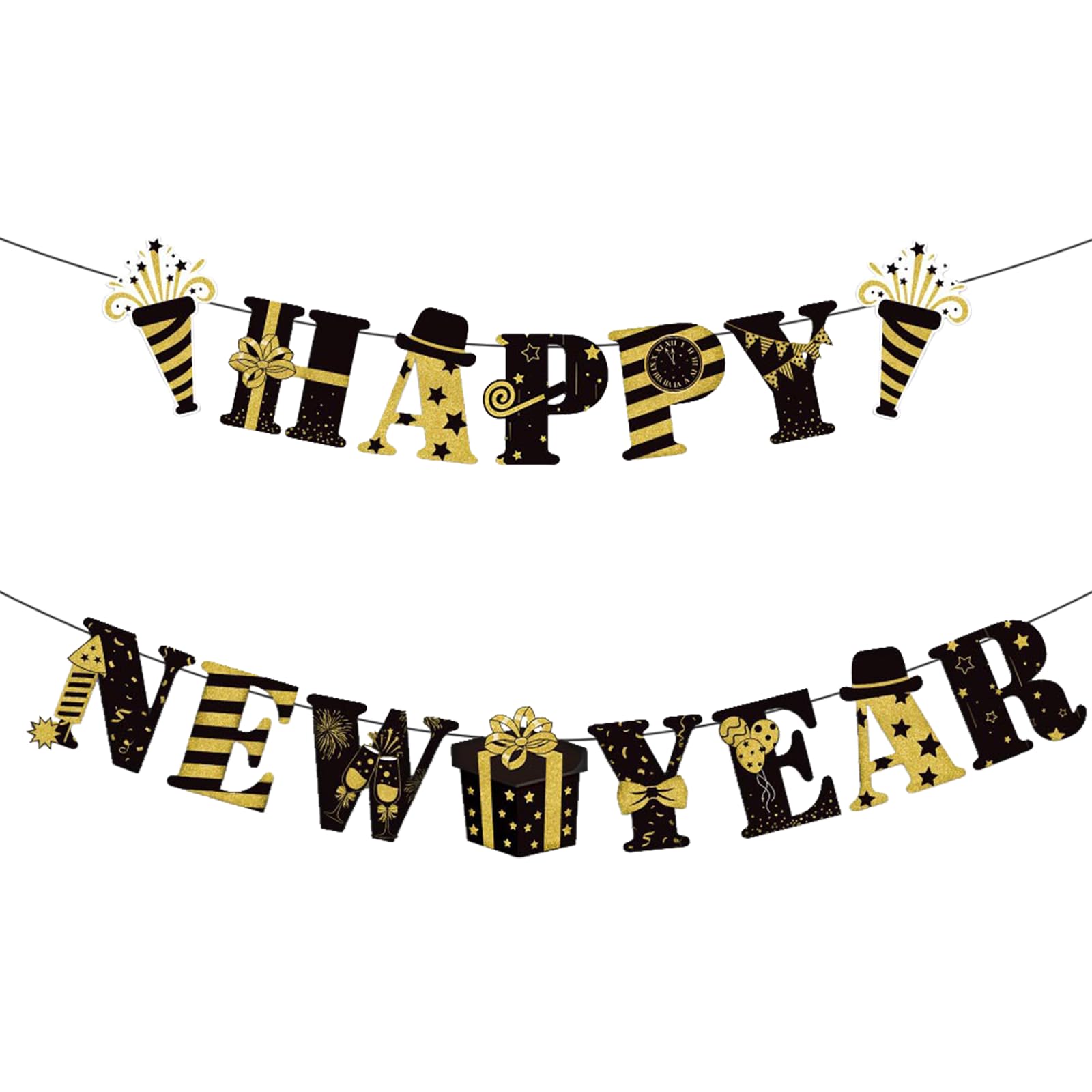 XNFUOE New Year Eve Party Supplies Black Gold Happy New Year Banner Countdown Banner for Home Holiday Decorations