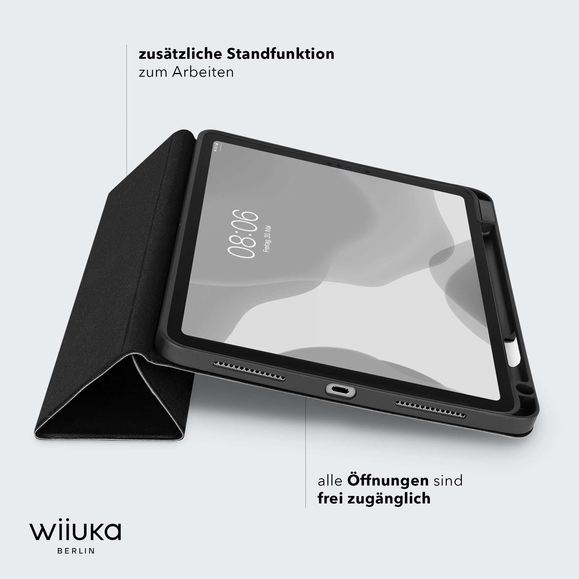 WIIUKA Hülle für iPad Pro 11" (2025/2024) M5/M4, Deutsches Leder, Lederhülle extra Dünn, Premium Smart-Cover Case, Schwarz