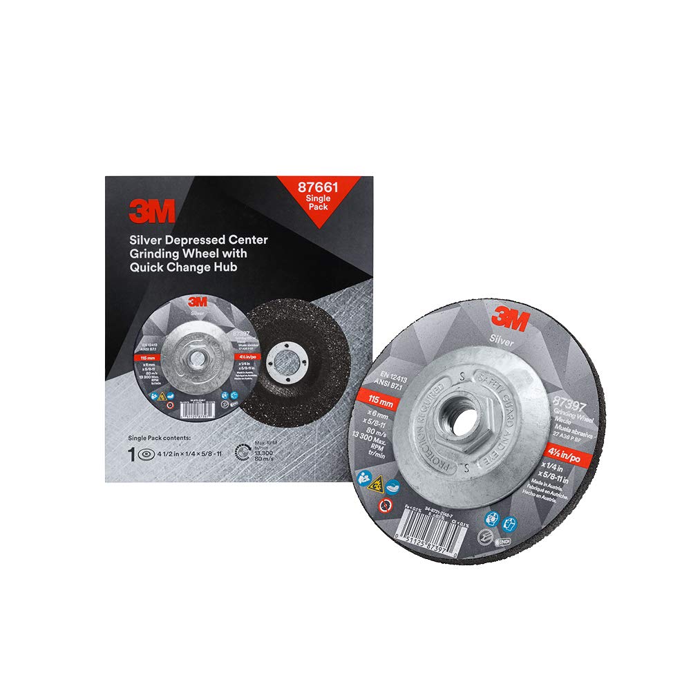 3M Silver Grinding Wheel, Depressed Center Quick Change for Right Angle Grinders 4.5” diam