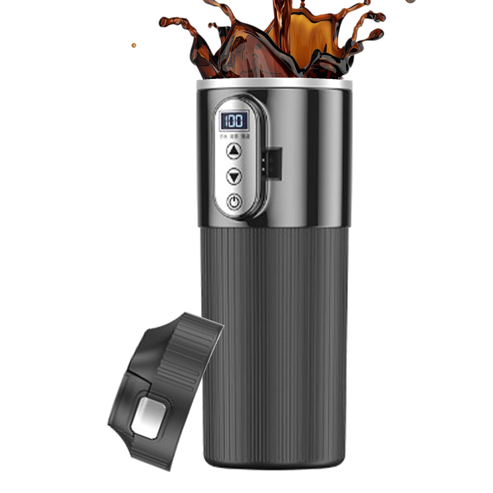 Taza de café de viaje, hervidor eléctrico de coche, taza de viaje con | calefacción, taza de café eléctrica de 12 V/24 V, 500 ml con pantalla LCD de temperatura, acero inoxidable negro, diseño sin