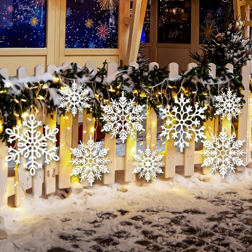 Image of 12pcs Large Christmas Hanging Snowflakes Decorations Outdoor - White Big Hanging Snowflake in Different Sizes for Winter Decoration Indoor Outdoor Christmas Tree Holiday Decor
